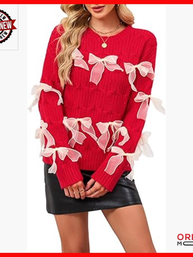 Cable Knit Crew Neck Pullover Sweater With Bow Details Long Sleeve